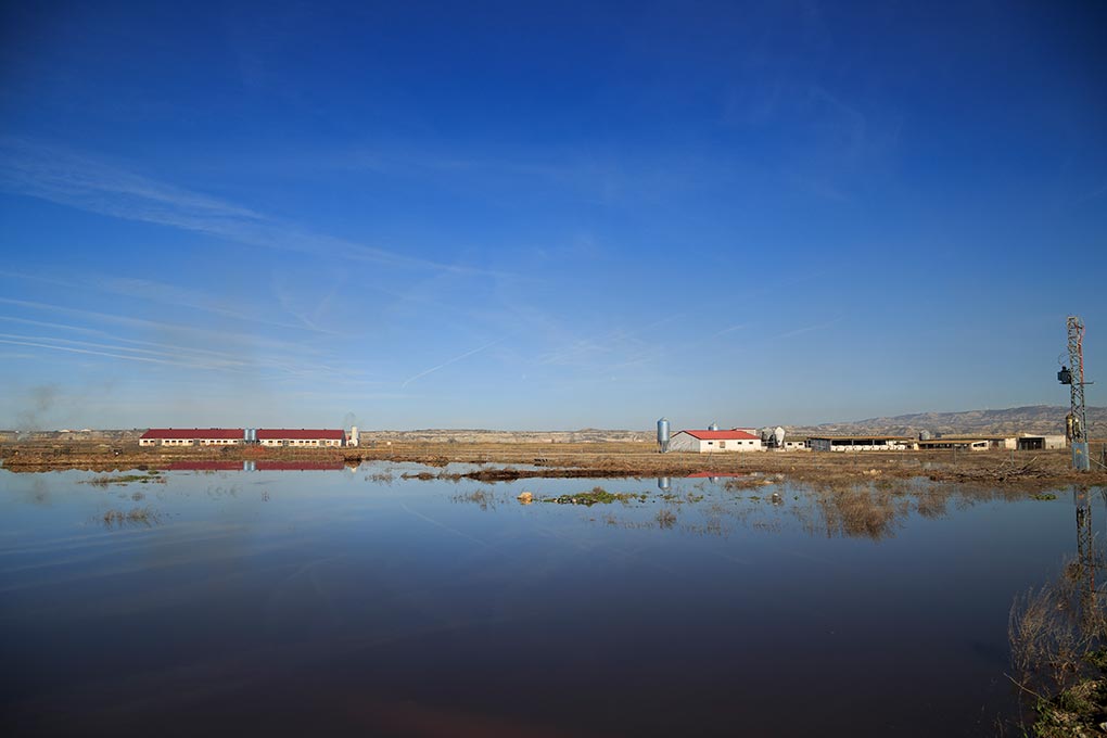 Vista general granjas inundadas río ebro